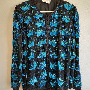 Laurence Kazar Womens Silk Cocktail Jacket Medium Blue Green Beaded Sequin